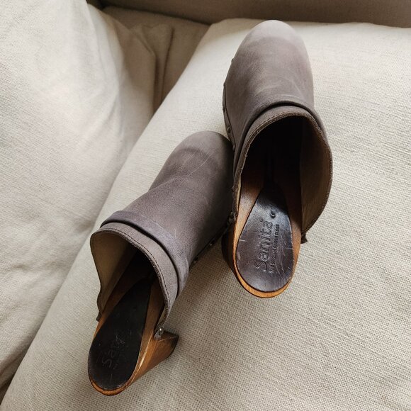 🇩🇰 Authentic Danish Sanita Gray Leather & Wood Clogs – Sz US 9 - Picture 4 of 12